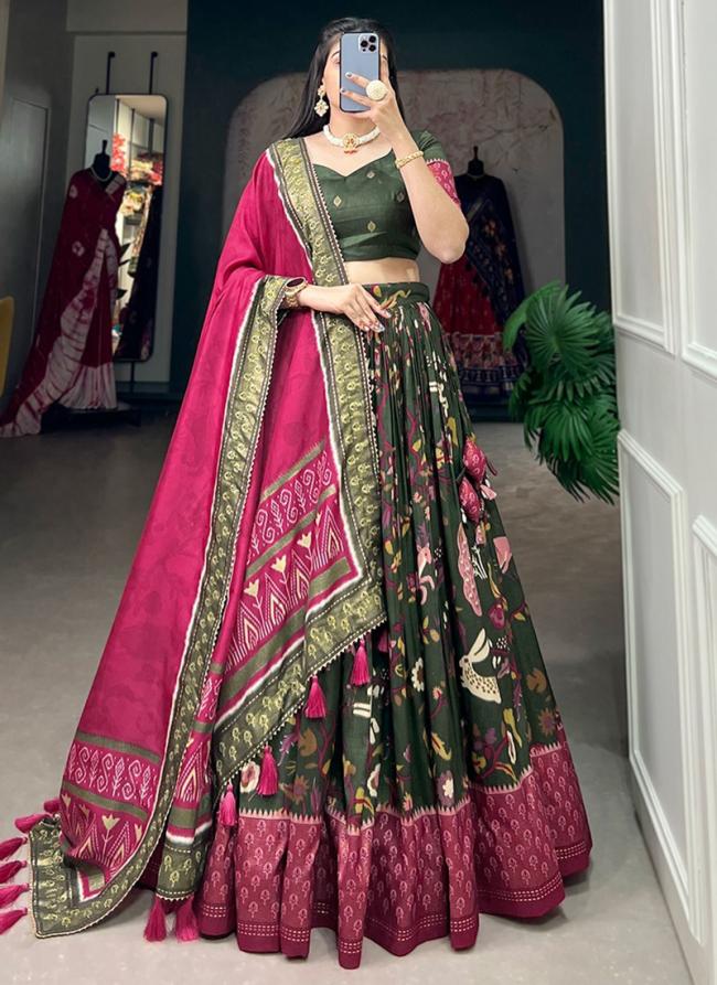 Tussar Silk Green Navratri Wear Floral Print Lehenga Choli